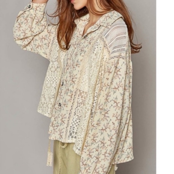 POL floral top - patch top - lace crochet button down top medium/large Boutique - Picture 10 of 11